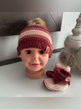 Knit Pom-Pom Headband and Booties Set - Rose & Cream